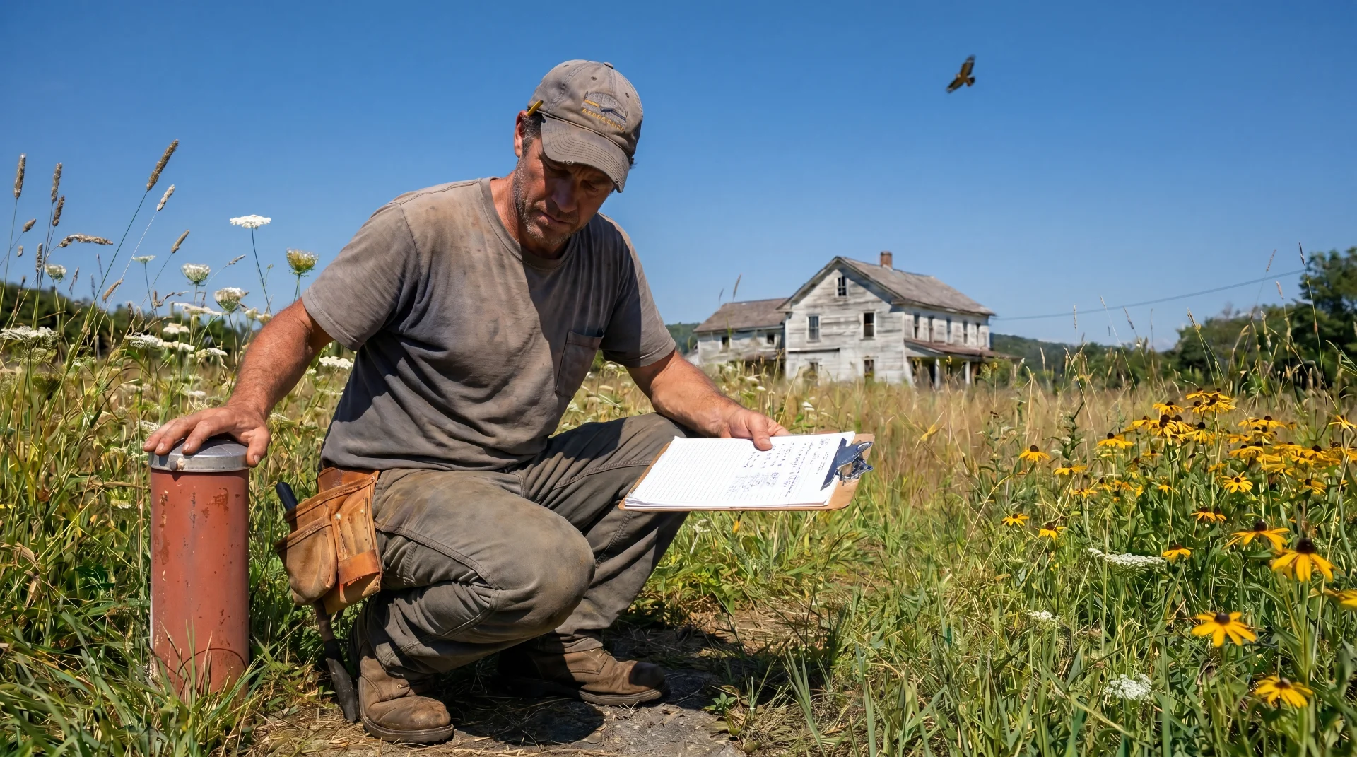 Home inspector examining a wellhead at a rural Catskills property on a bright summer afternoon