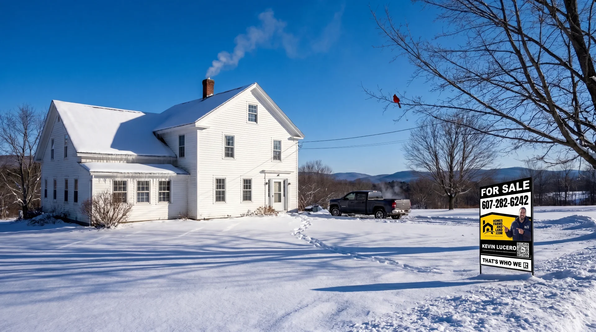 Snow-covered two-story farmhouse for sale on a clear winter morning with a Homes Farms and Land yard sign, Upstate New York
