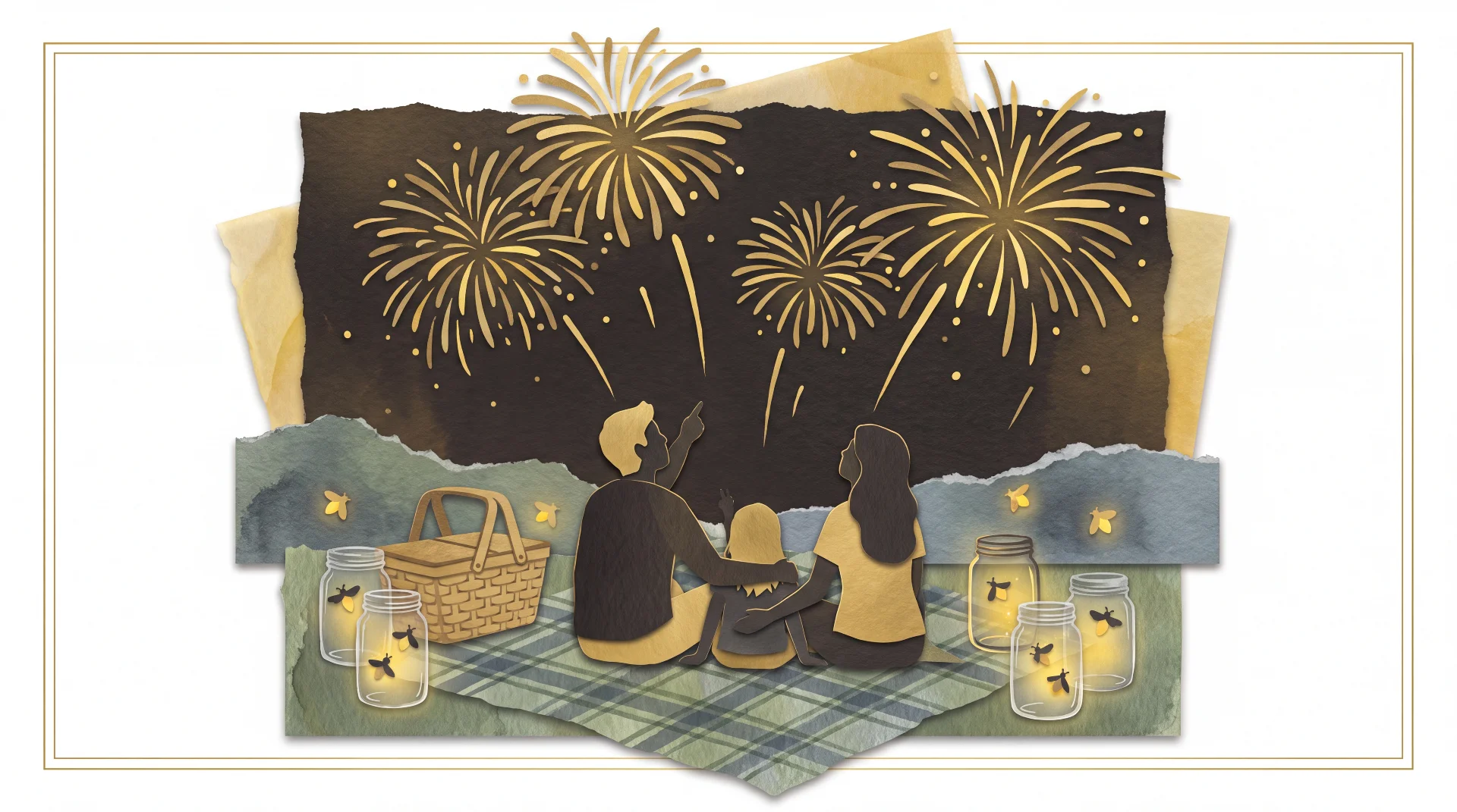 Family on a blanket watching fireworks