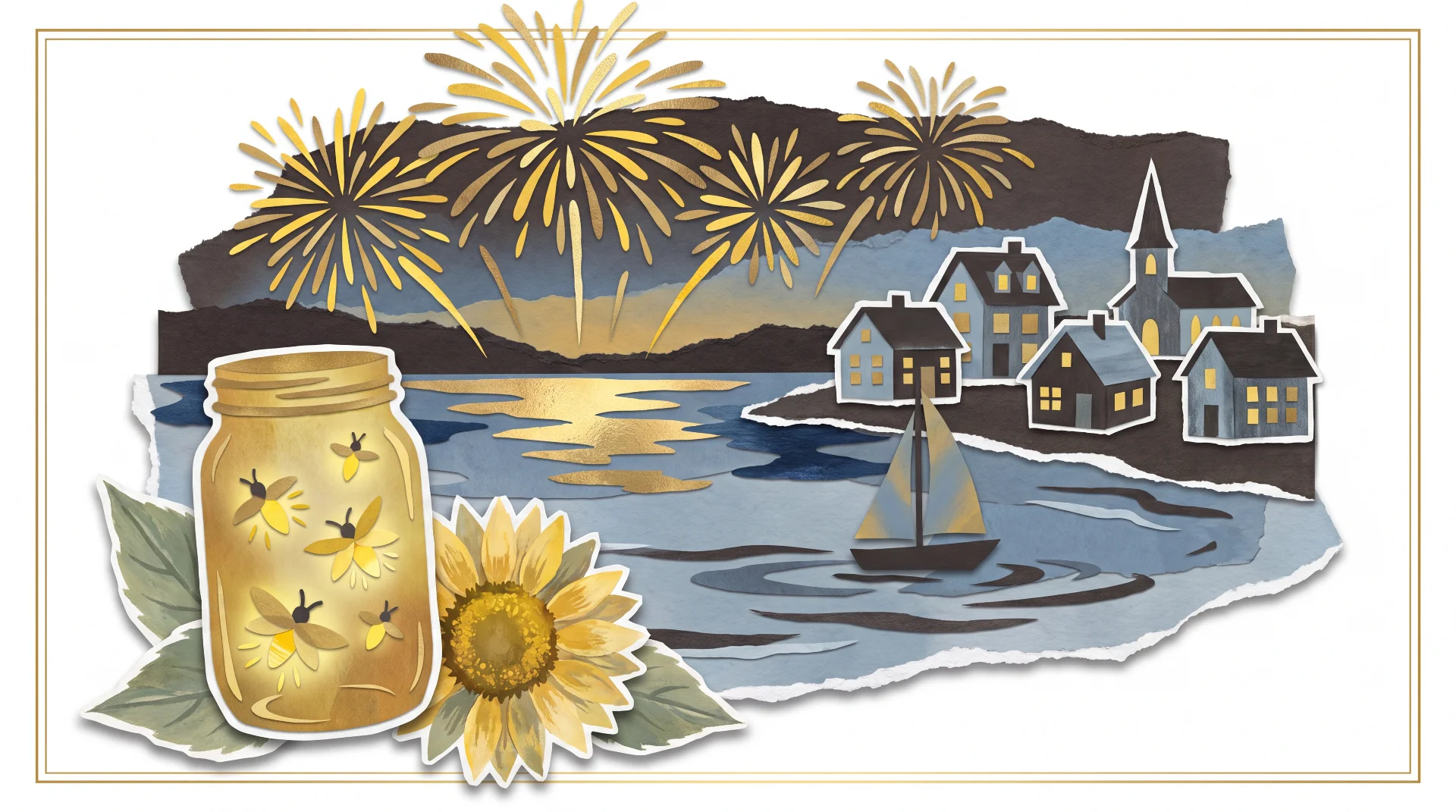 Fireworks over Otsego Lake with the town lit up along the shore