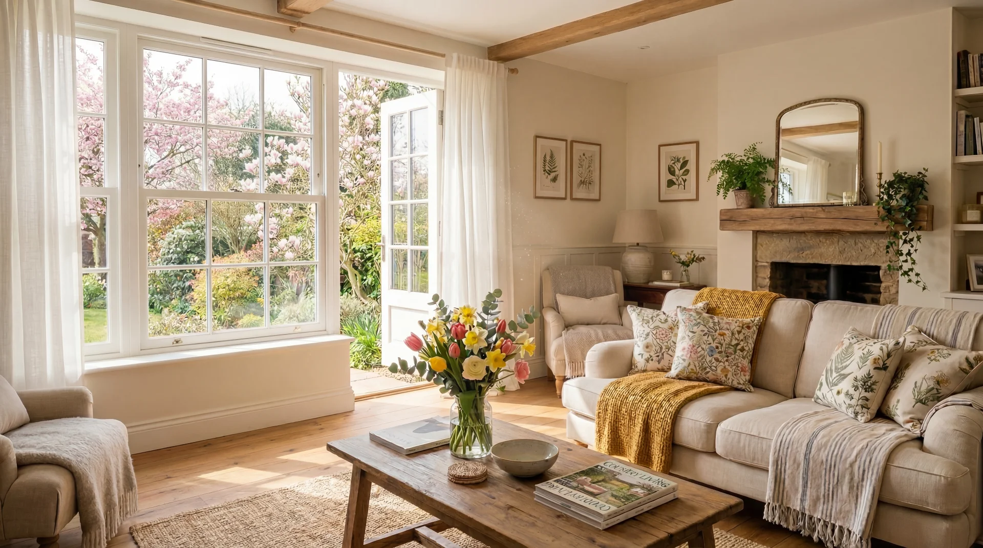 Professionally staged country home interior flooded with spring sunlight