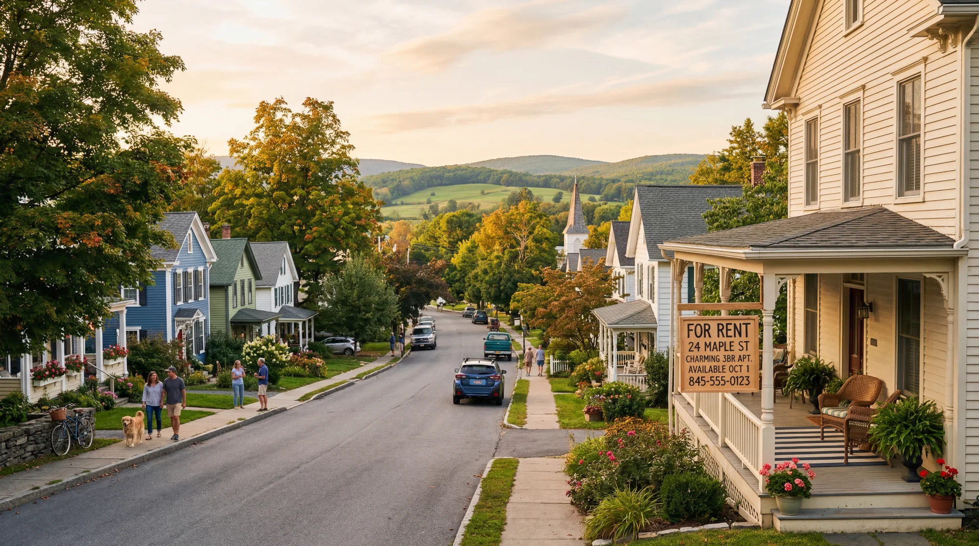 Neighbors chatting outside local shops on a bustling, community-focused Main Street in upstate New York.