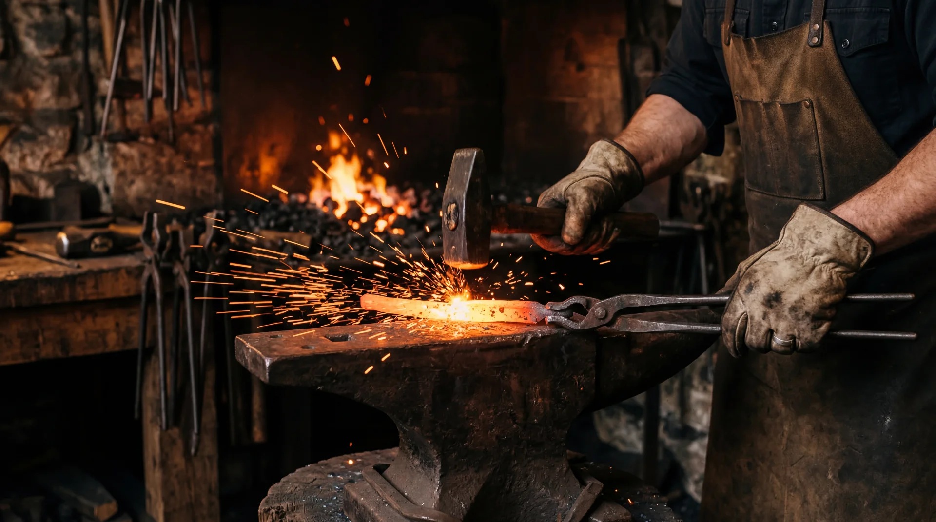 Close-up of a blacksmith forge welding glowing orange metal on an anvil with sparks flying during a workshop in Oneonta, New York