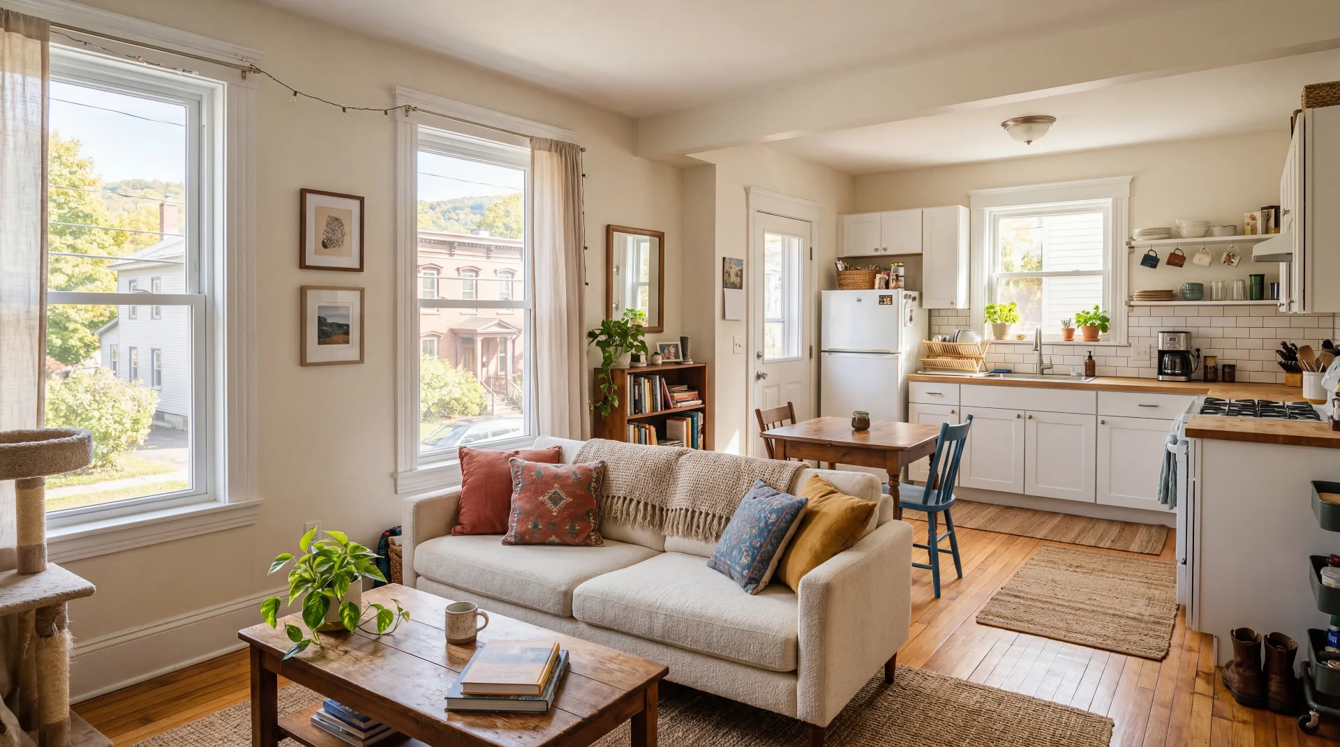 A clean, newly finished affordable rental apartment with hardwood floors, a small kitchen, and bright natural light.