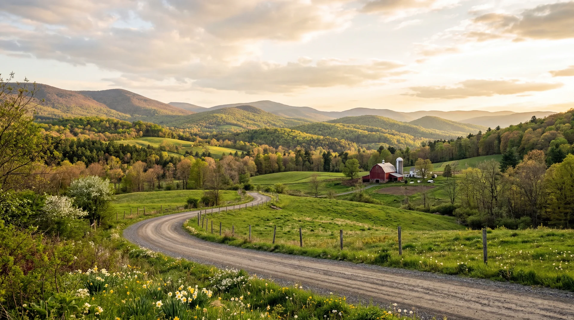 Scenic view of the Catskill foothills in early spring with rolling green hills, wildflowers, and a winding country road at golden hour