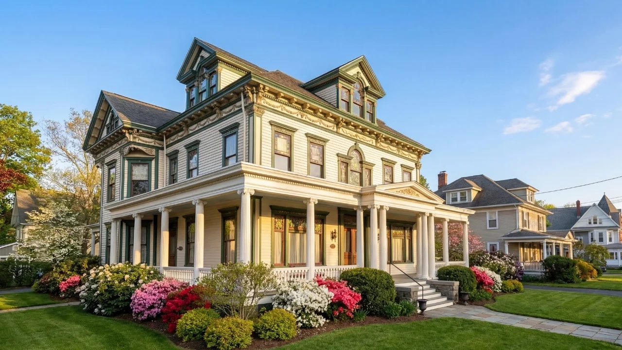 Grand Victorian mansion on Chestnut Street in Oneonta's historic district with spring landscaping