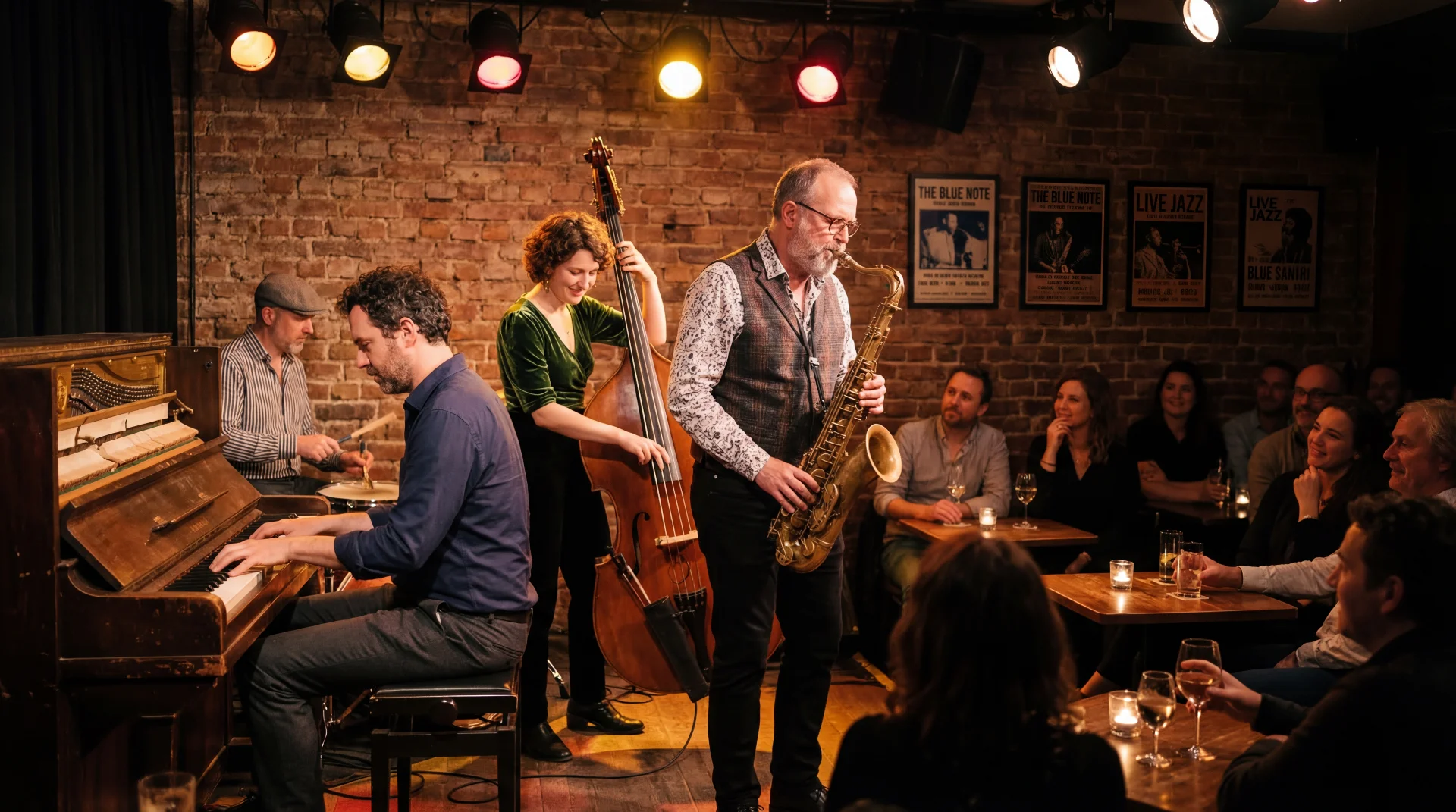 Intimate live jazz and blues performance on a small stage with warm amber lighting and a cozy audience in Oneonta, New York