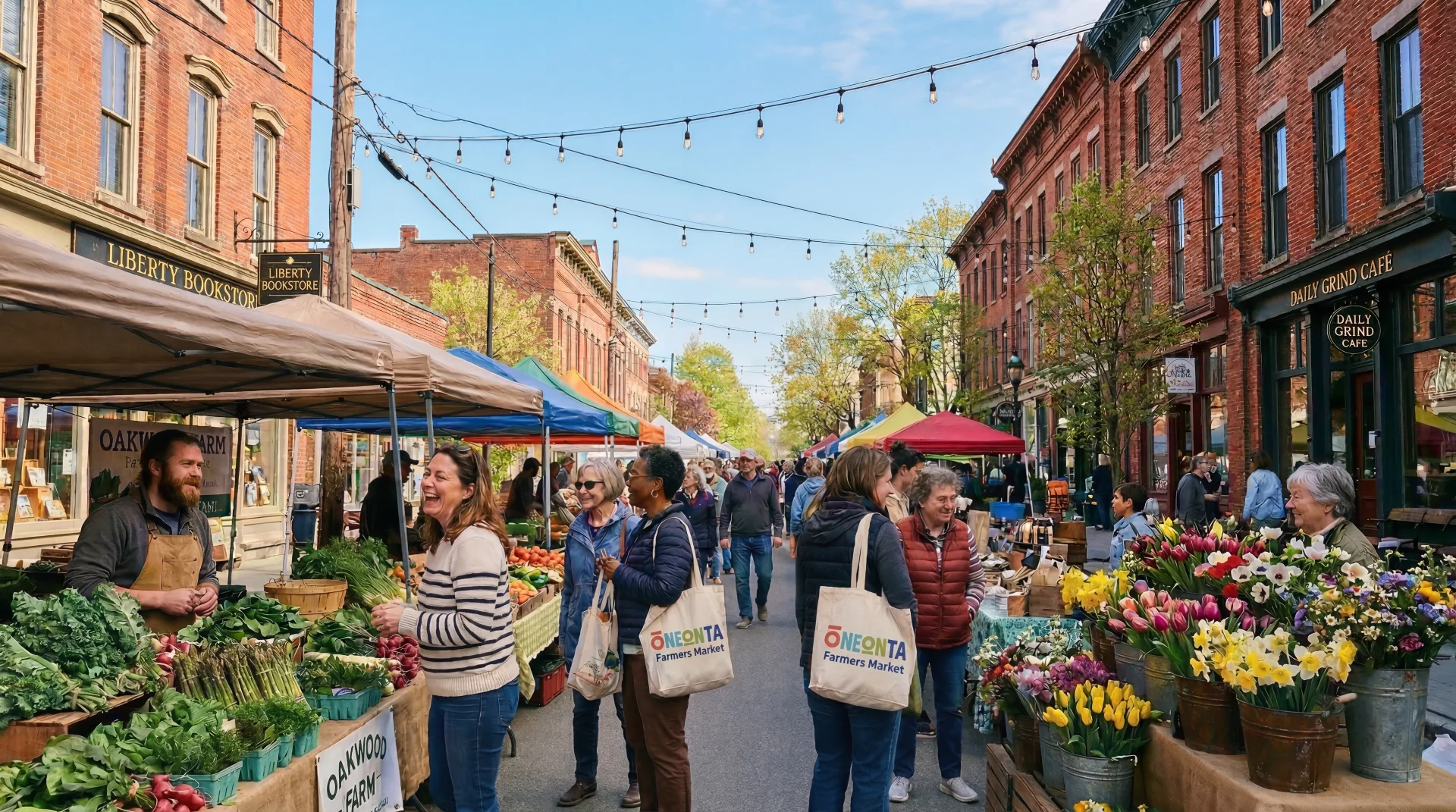 Kevin — Homes Farms and Land Oneonta realtor — local farmers market community on a bright spring morning
