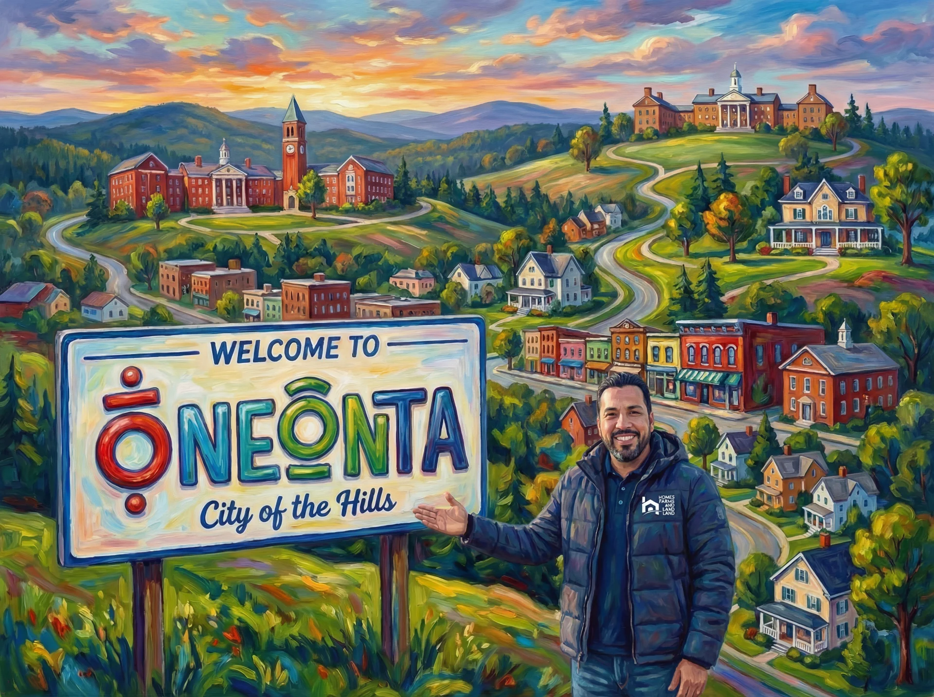 Aerial view of Oneonta, the City of the Hills, on a spring morning