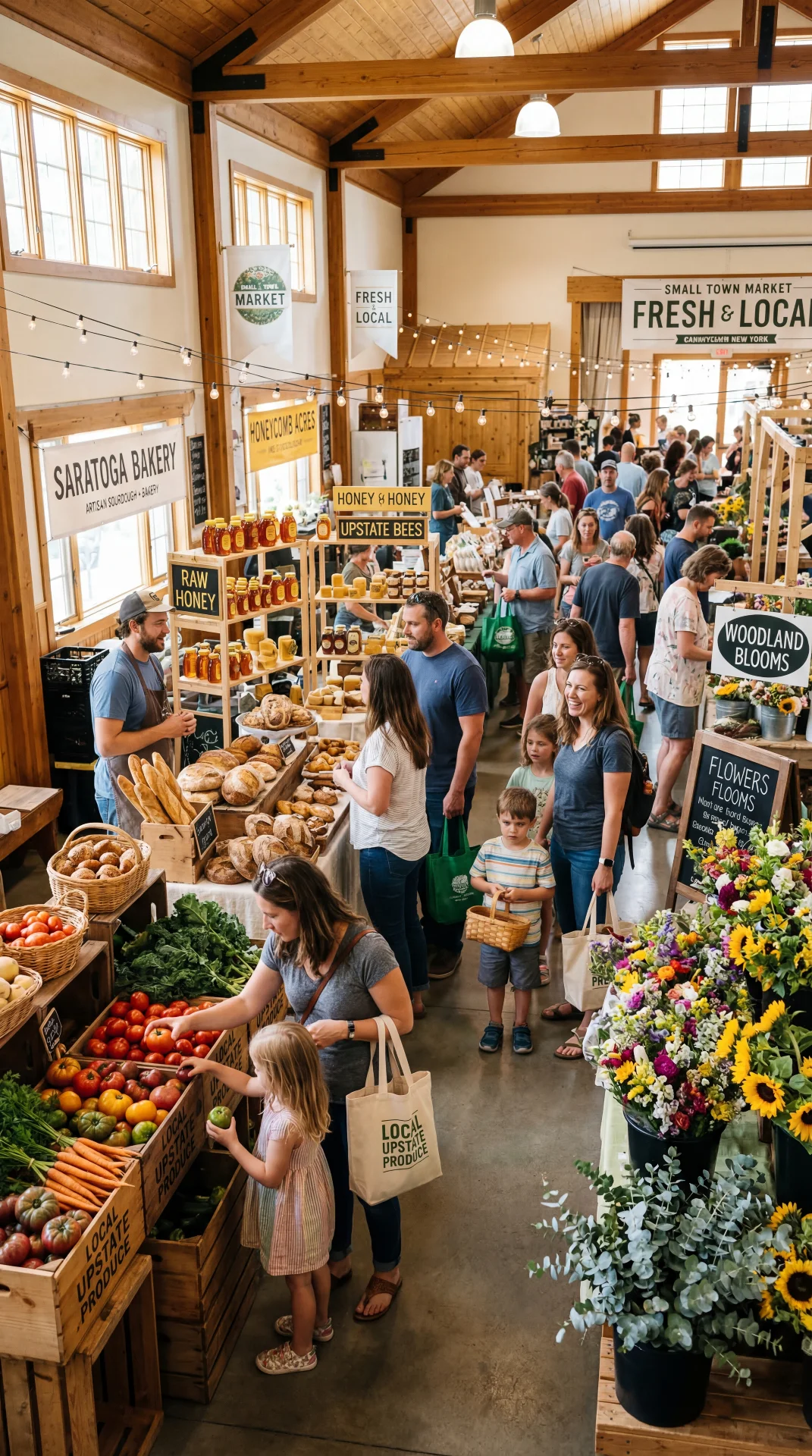 Families browsing fresh local produce and artisan goods at the Oneonta Farmers Market inside the Foothills Atrium