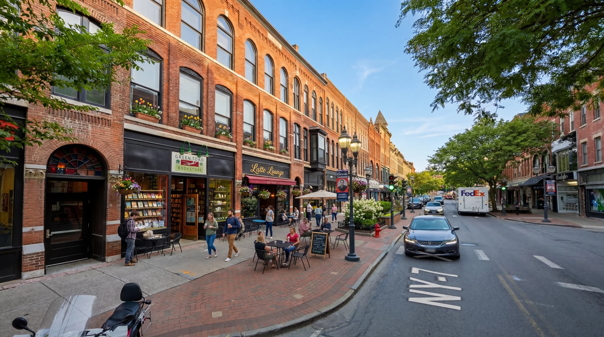 Oneonta Main Street with local storefronts and cafes on a bright spring morning