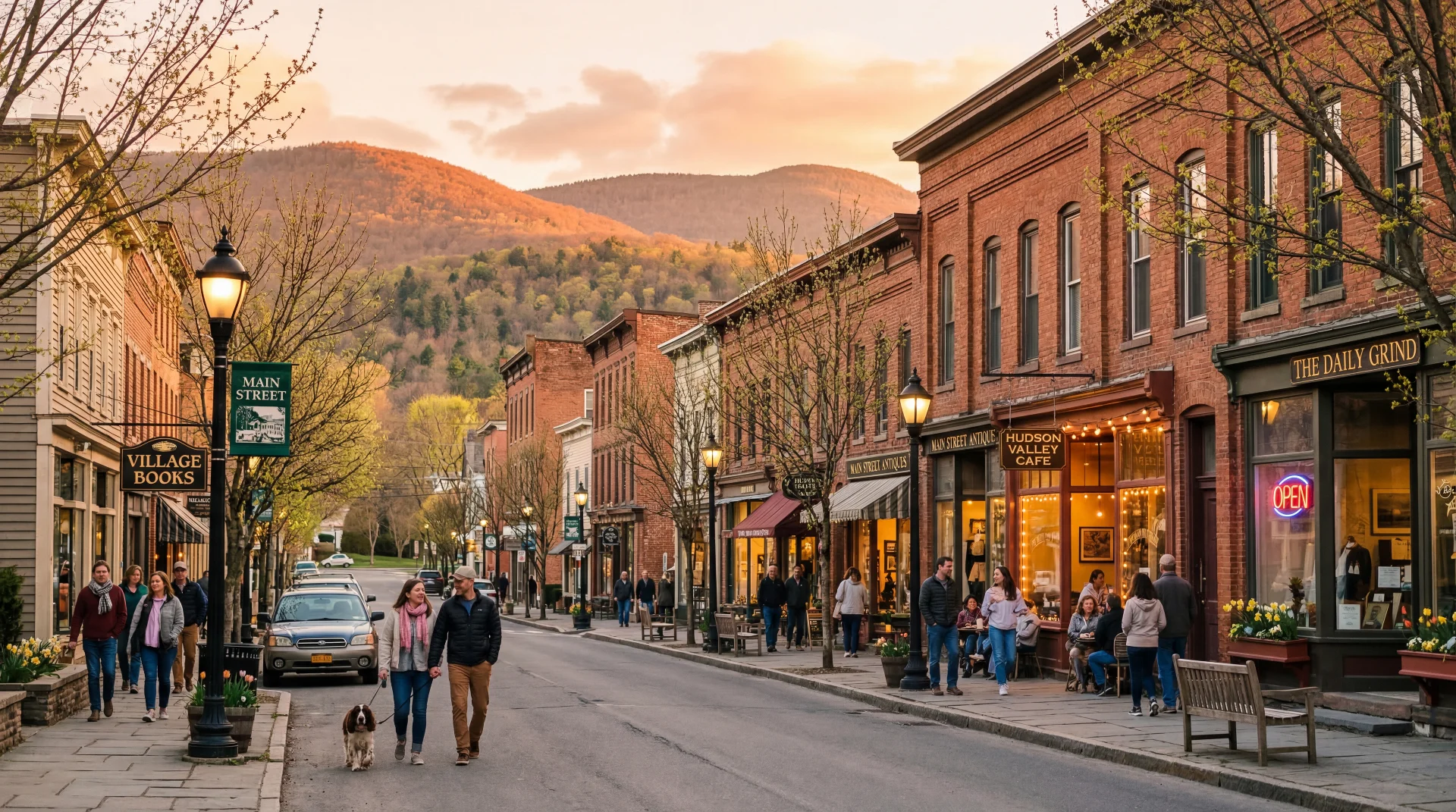 Golden hour view of Main Street in downtown Oneonta, New York during early spring with historic brick storefronts and warm café lights