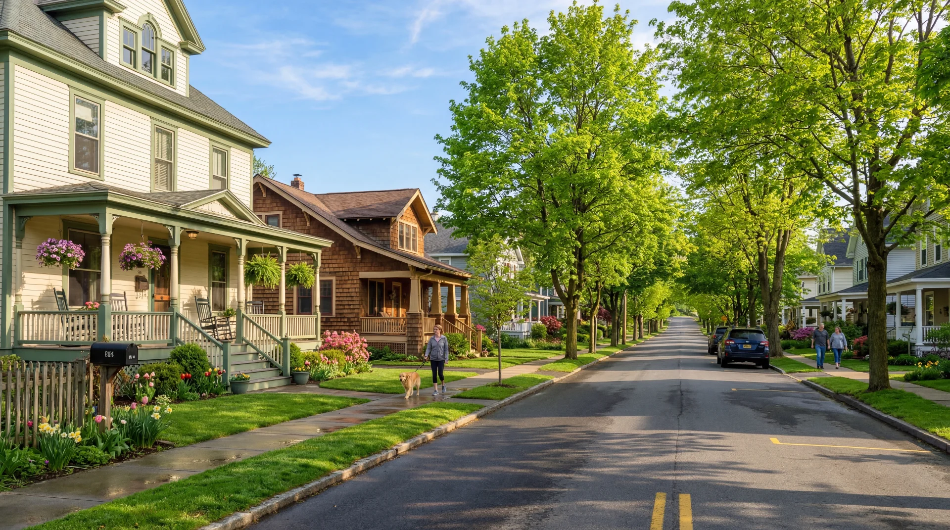 Tree-lined Victorian street in Oneonta's West End neighborhood on a spring morning