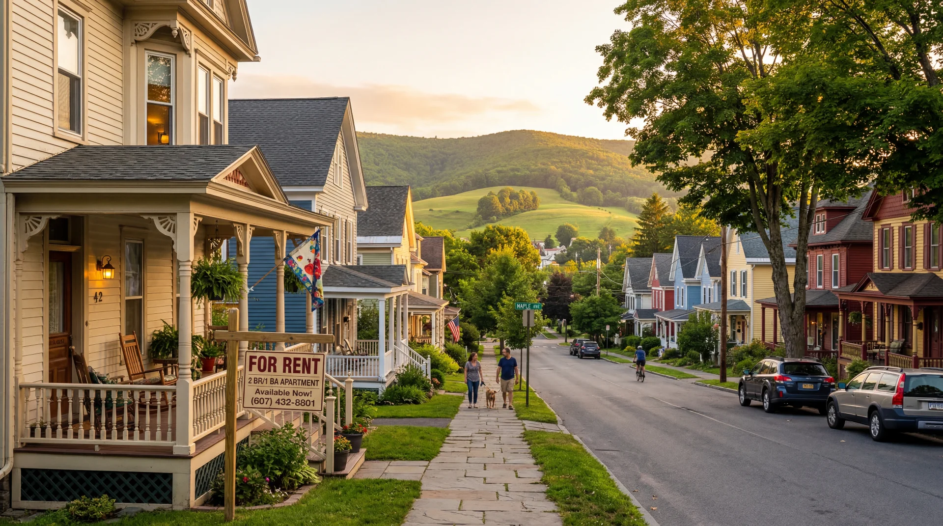 A charming rural village street in Otsego County featuring historic homes, rolling green hills, and a 'For Rent' sign on a front porch.
