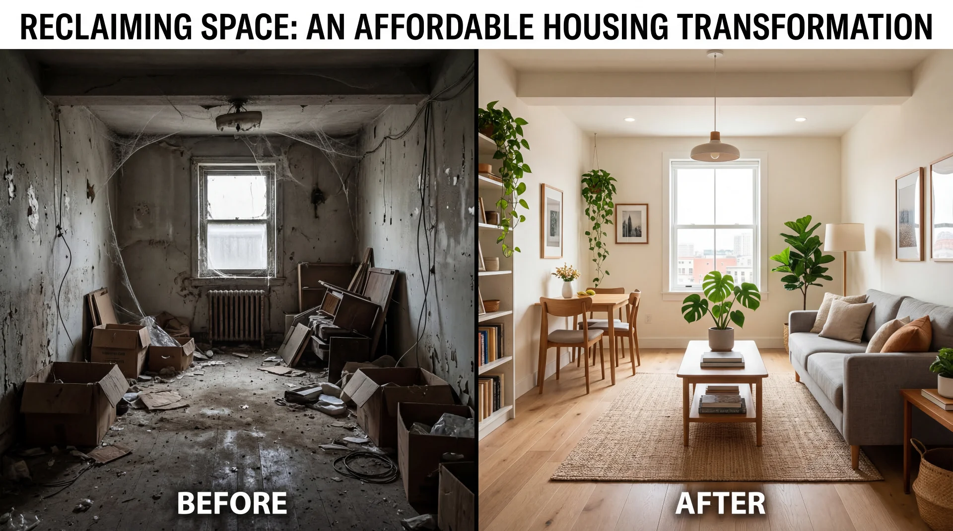 A before and after comparison showing a dusty, vacant upper-floor space transformed into a bright, modern, and livable apartment.