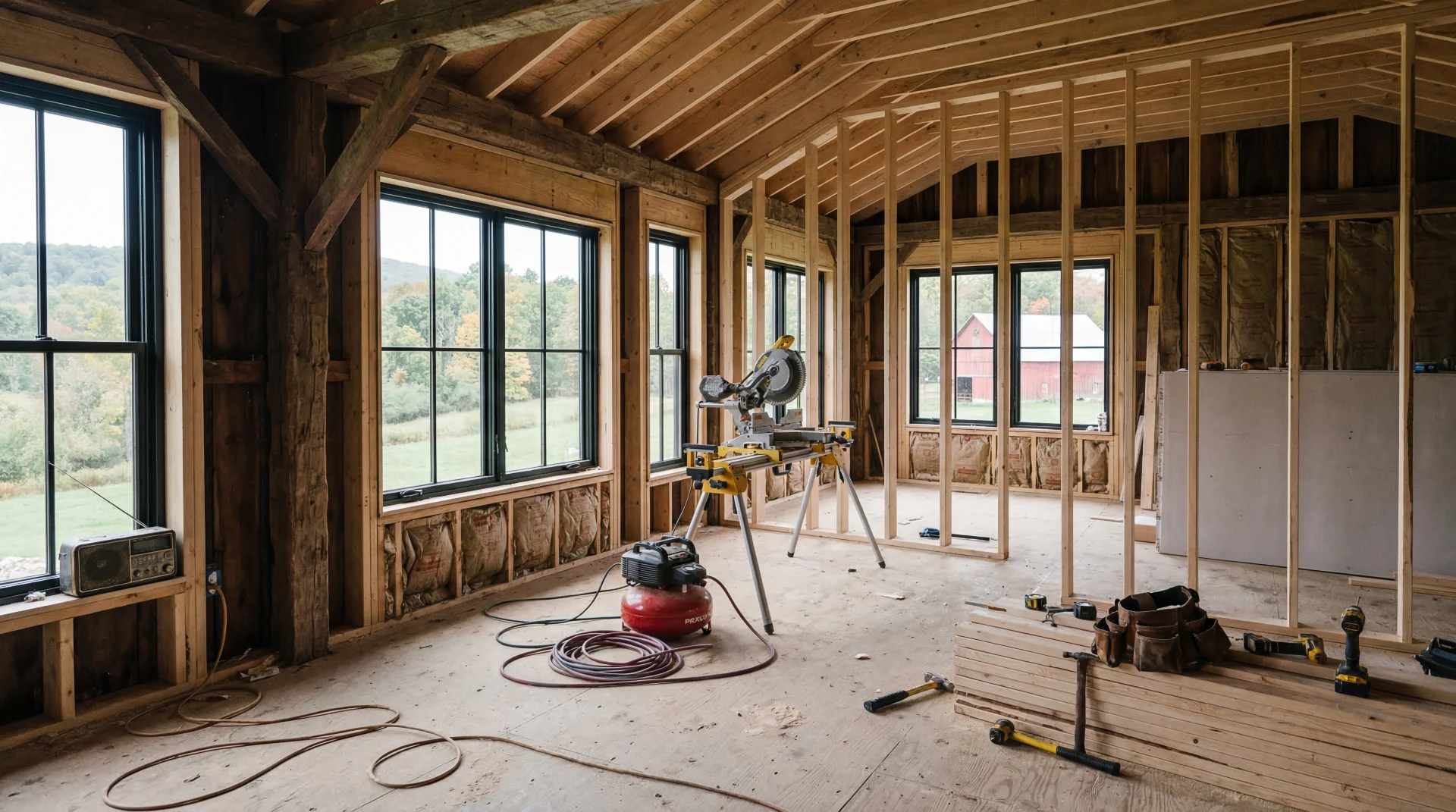 Interior view of a rural property renovation in progress, showing exposed wood framing, construction tools, and new windows.
