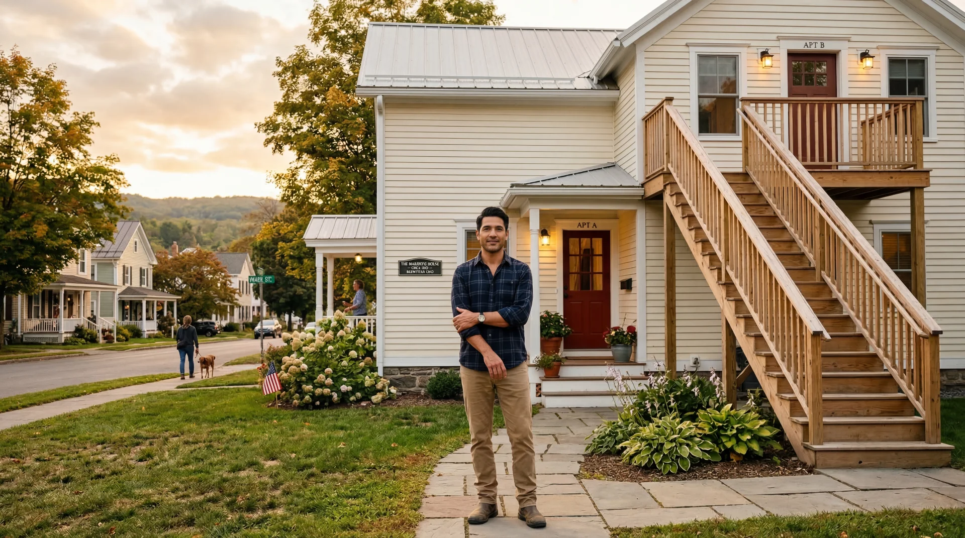 A proud property owner standing in front of a recently renovated two-story rural house with a new exterior staircase.