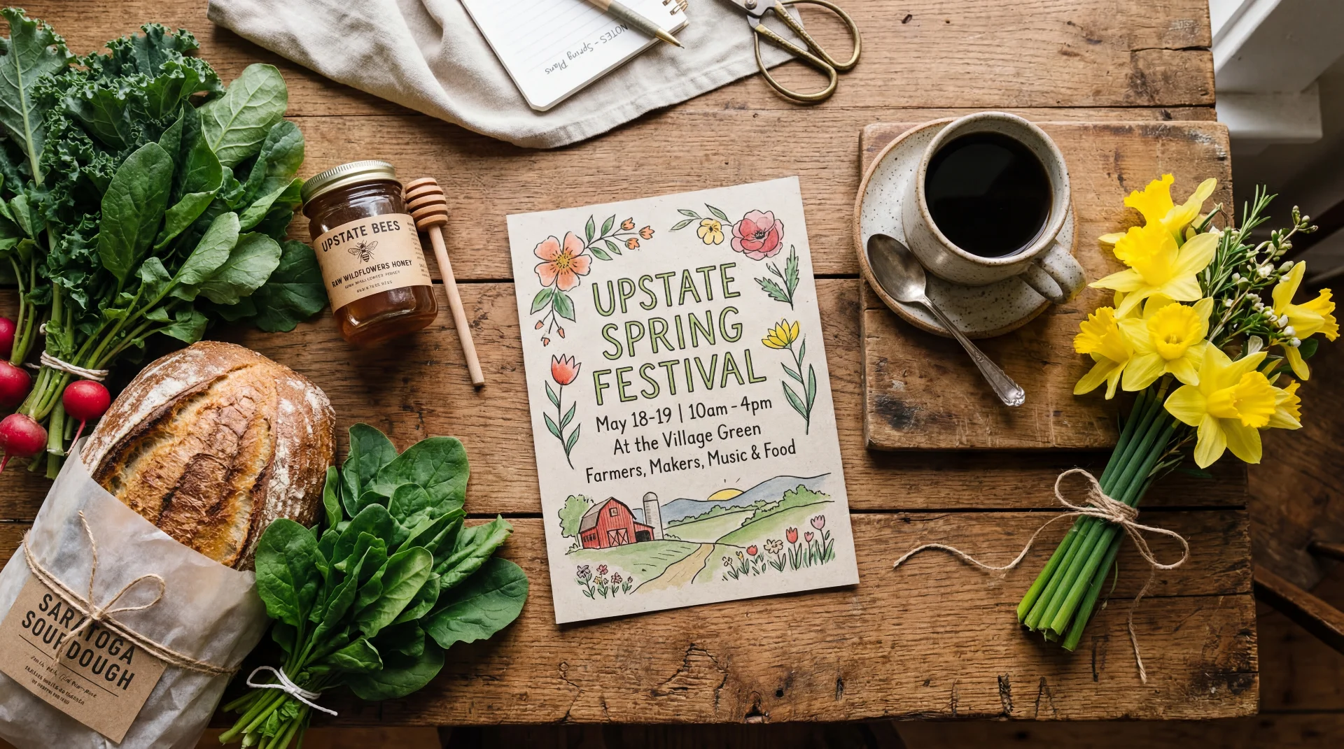 Overhead flat lay of a rustic table with coffee, yellow daffodils, and fresh farmers market finds including artisan bread and honey