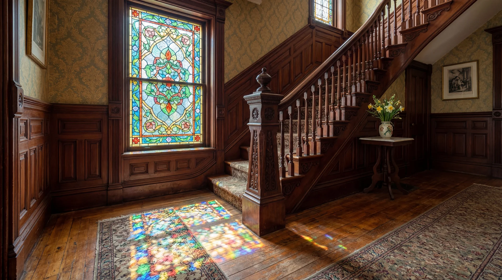 Stained glass window casting colorful morning light on original hardwood floor in an Oneonta Victorian home
