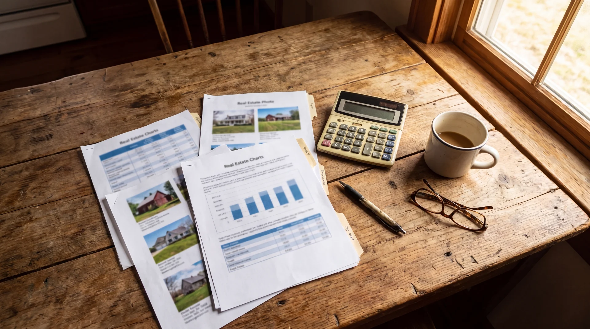 Comparable sales sheets and calculator on a farmhouse kitchen table for pricing an Upstate NY home