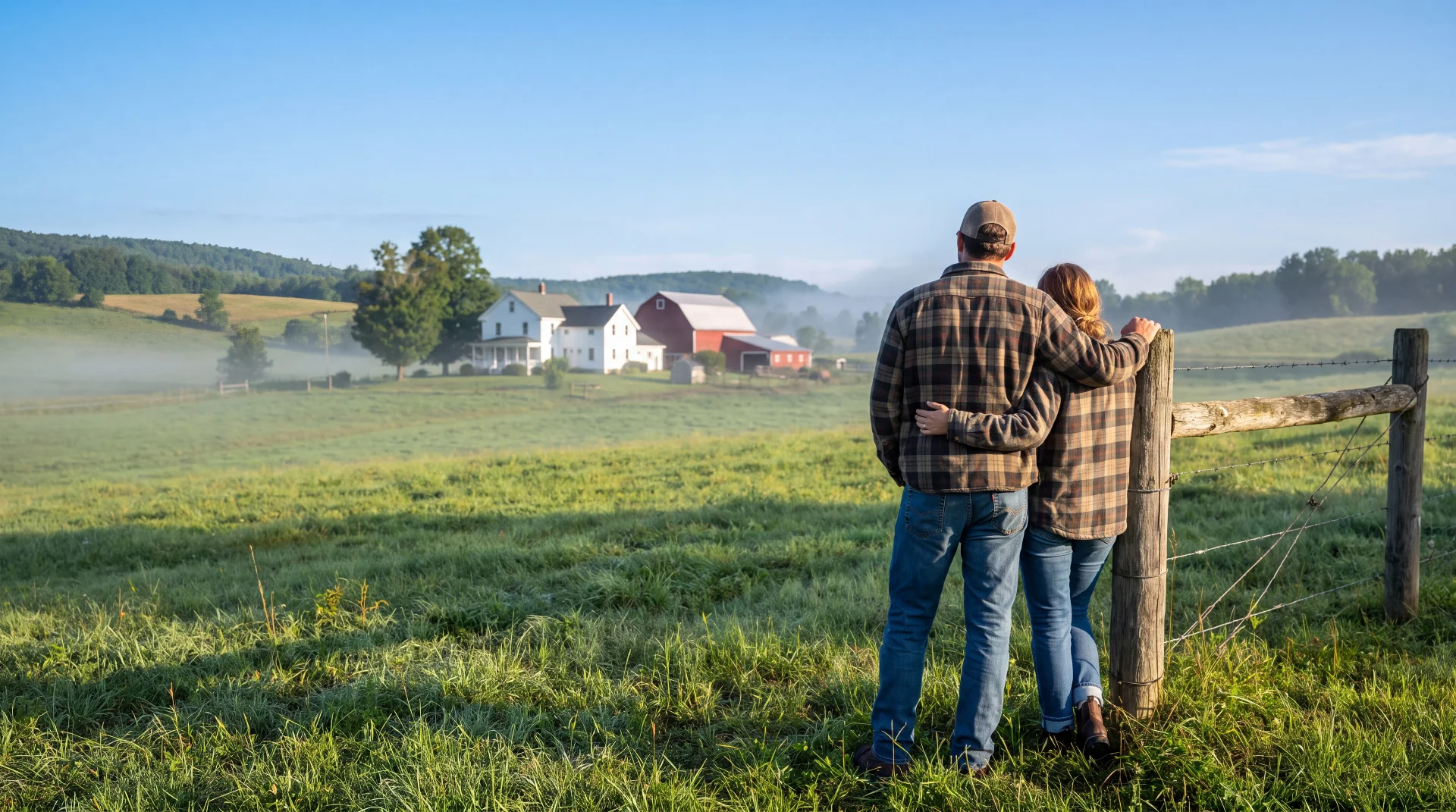 Couple viewing a rural Upstate New York farmhouse and land from a field fence line
